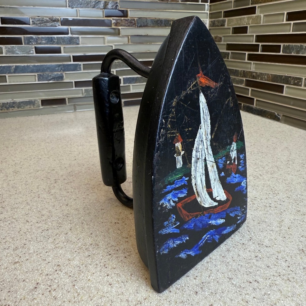 Antique Hand Painted Cast Iron Sad Iron Sailboat Nautical Decor Doorstop Vintage